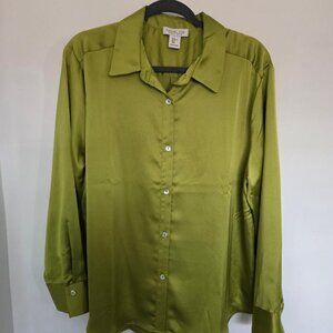 Rachel Zoe Lime Green Satin Long Sleeve Button Down Relaxed Fit Blouse  XL